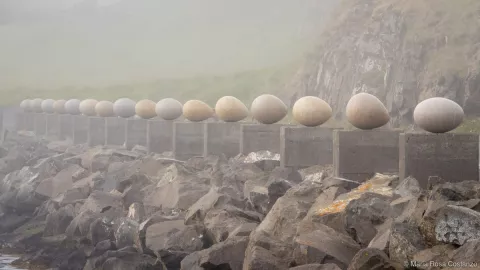 Row of stone eggs line a foggy coastal path on concrete pedestals.
