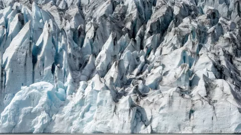 Jagged, icy glacier surface with blue and white hues.