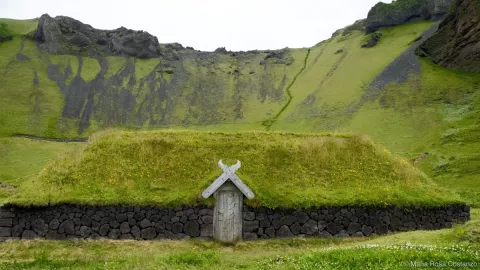 Turf-roofed house in a green, mountainous landscape.